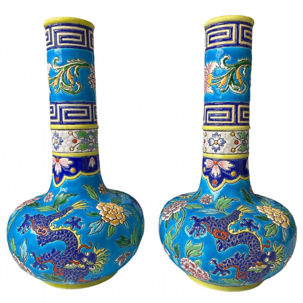 Emaux De Gien - Belle Paire De Vases Decor Dragon Chinoisant Japonisant 